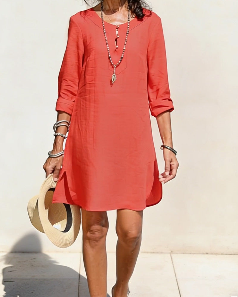 Jurk Half Knoopsluiting Zijsplit Katoen En Linnen