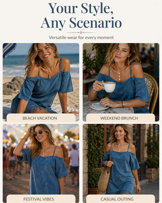 Jurk Spaghettiband Franje Effen Off-Shoulder