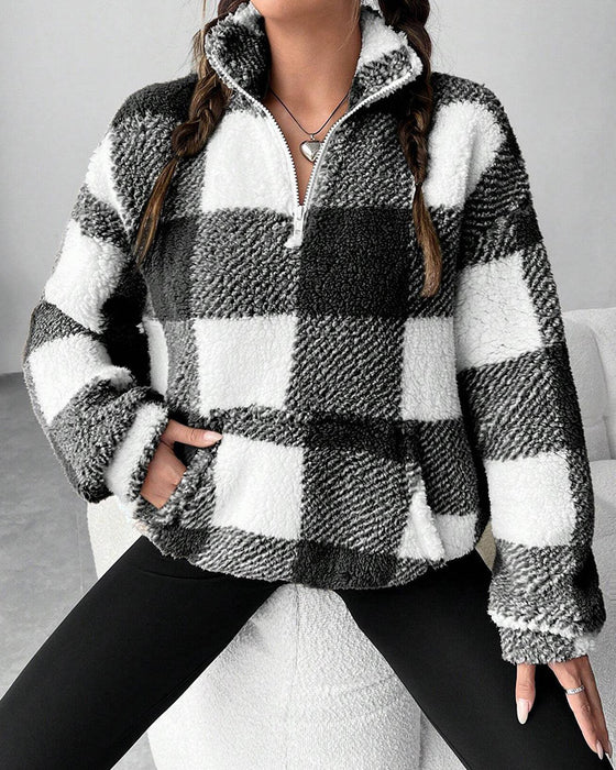 Sweatshirt Half-Zip Staande Kraag Ruitpatroon