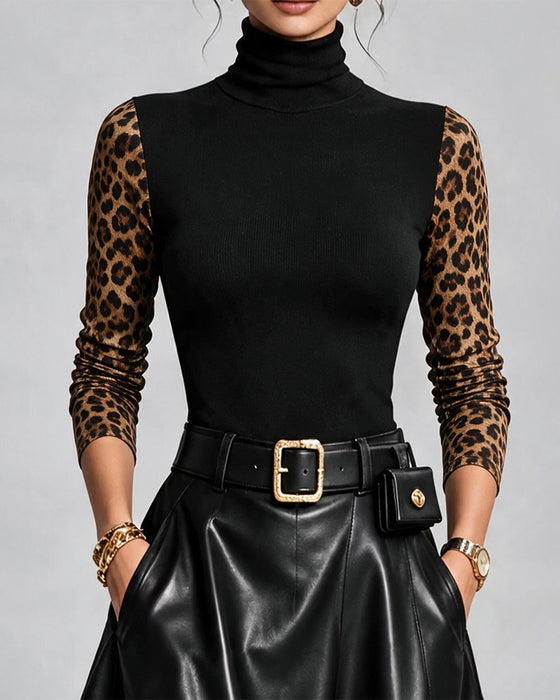 Top Luipaardprint Samengevoegd Hoge Hals Slimfit