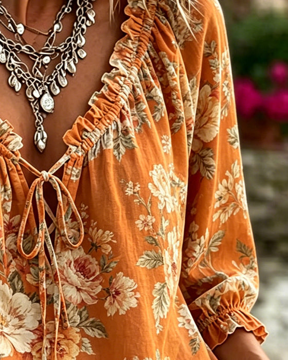 Blouse Bloemig V-Hals Strik Pofmouw