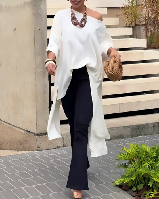 Blouse Asymmetrische Hals Onregelmatig Split Ellebooglange Mouw