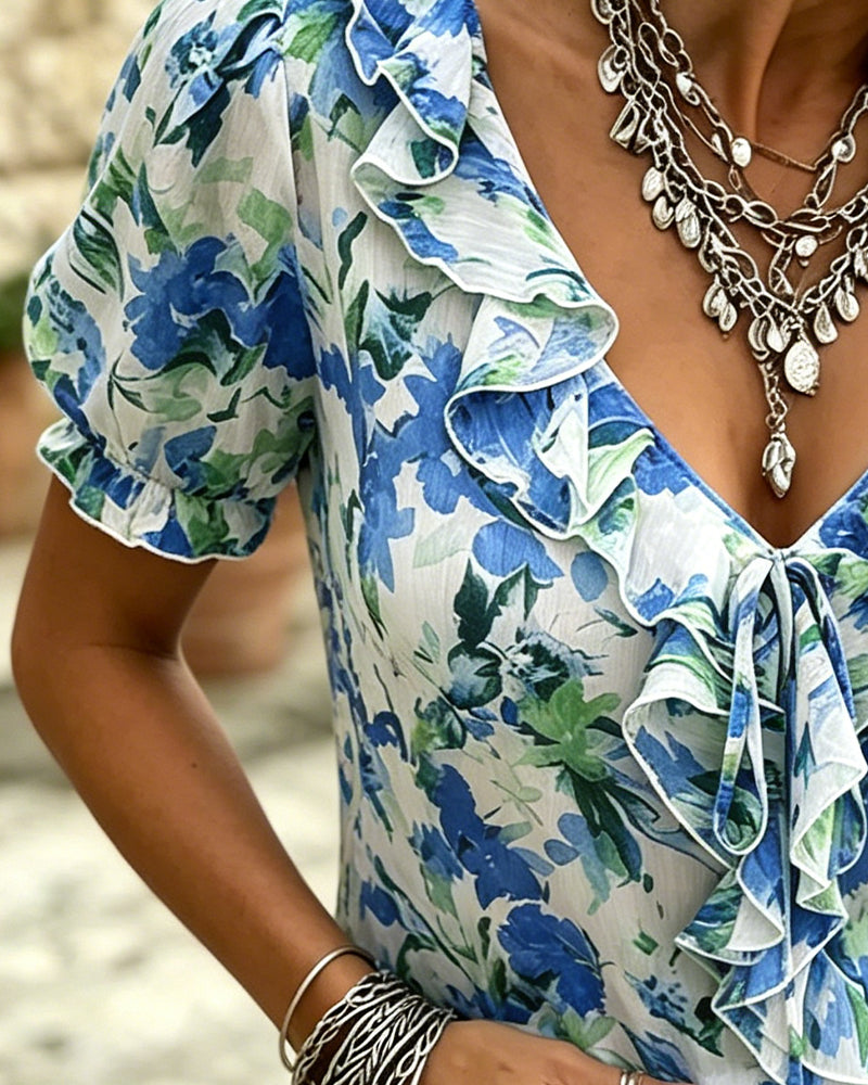 Blouse V-Hals Ruffle Ballon Mouw