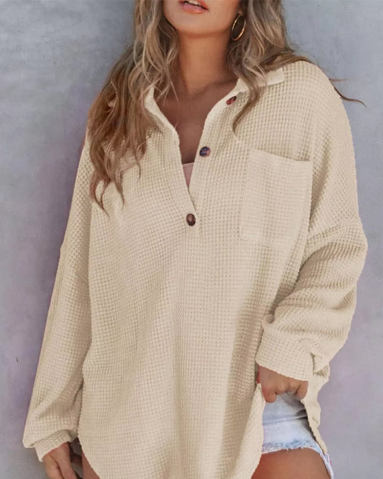 Blouse Effen Knoop-Down Los Kraag