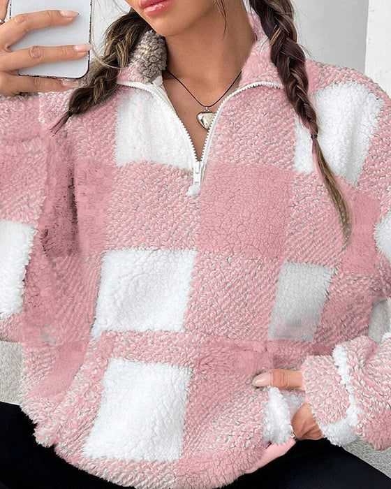 Sweatshirt Half-Zip Staande Kraag Ruitpatroon