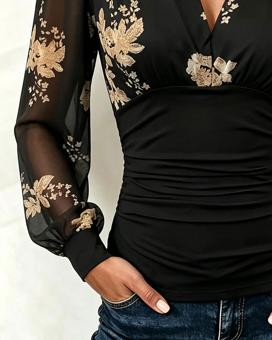 Top V-Hals Mesh Patchwork Bedrukt