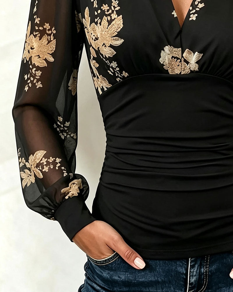 Top V-Hals Mesh Patchwork Bedrukt