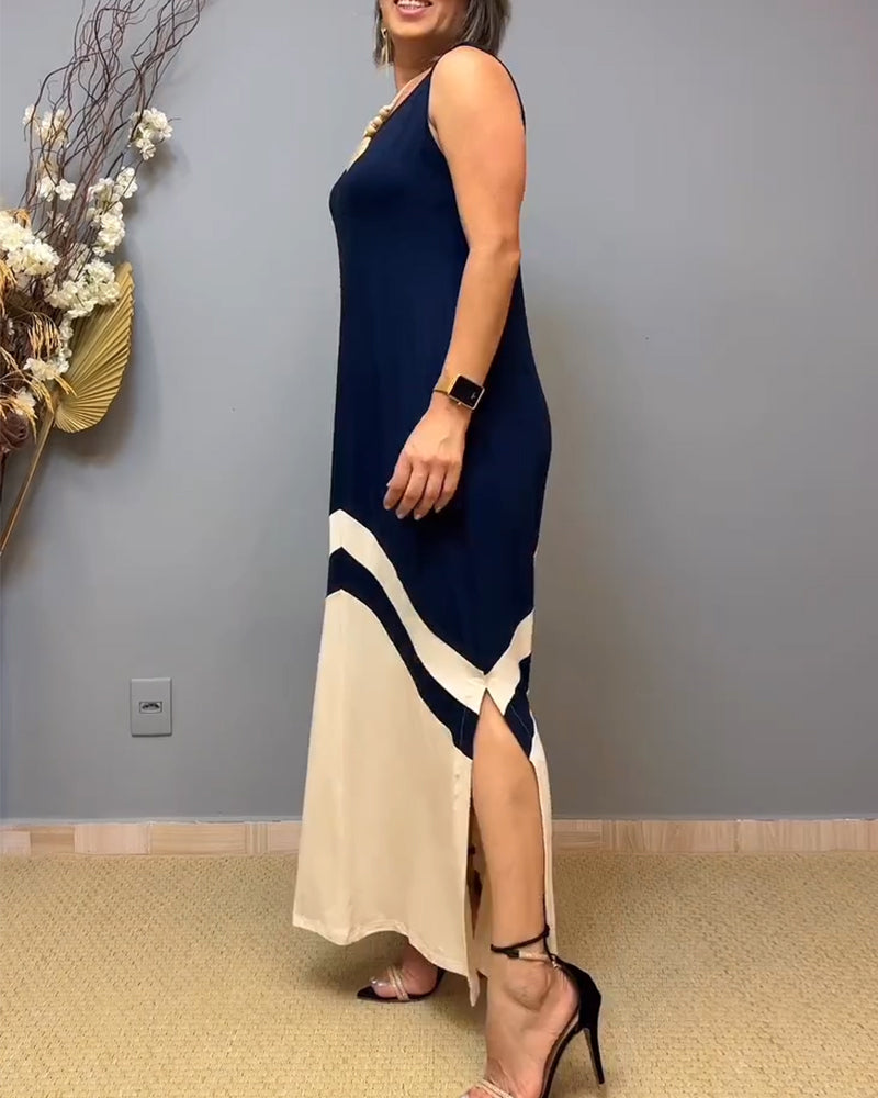 Jurk Mouwloos Contrast Kleur Split Lang
