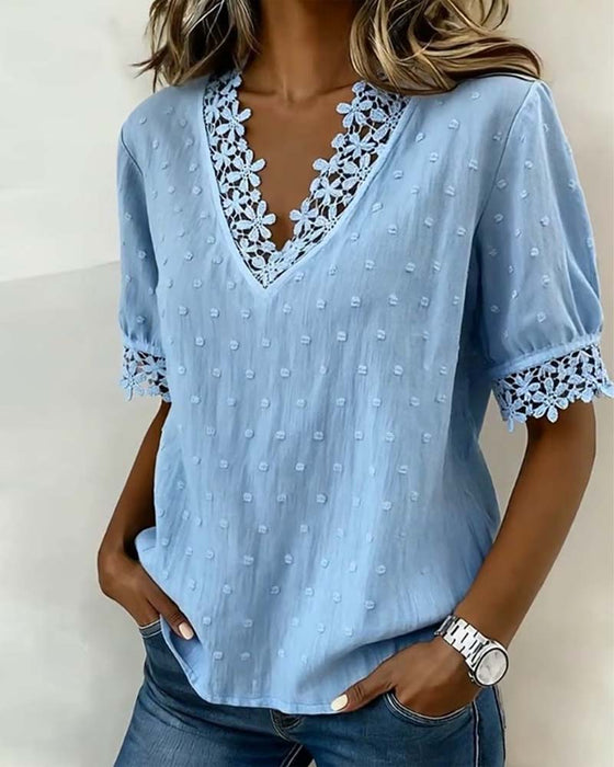 Blouse Kant V-Hals 3D Bloemig Effen