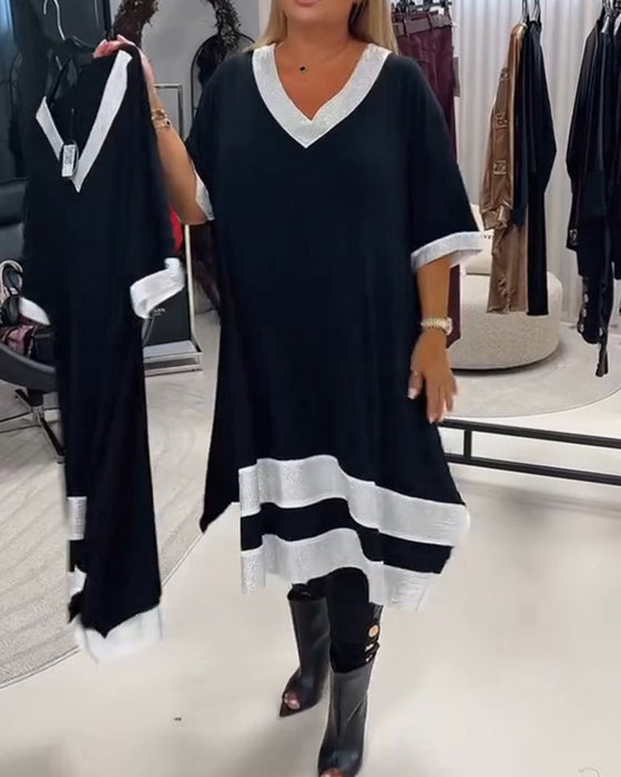 Jurk V-Hals Korte Mouw Kleurblok Loose Fit