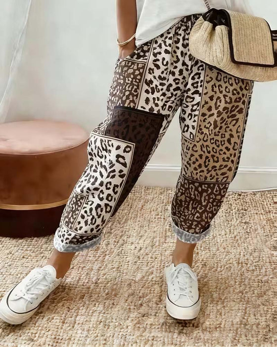 Broek Luipaard Afdruk Ruit Contrast Patchwork Casual