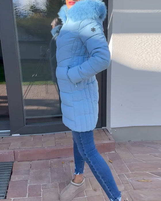 Casual effen kleur gewatteerde jas met ritszak en capuchon