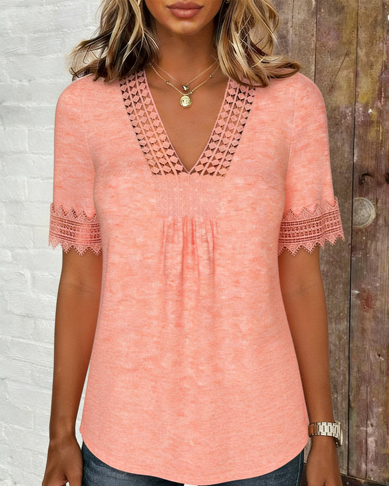 Blouse Kant Patchwork V-Hals Korte Mouw