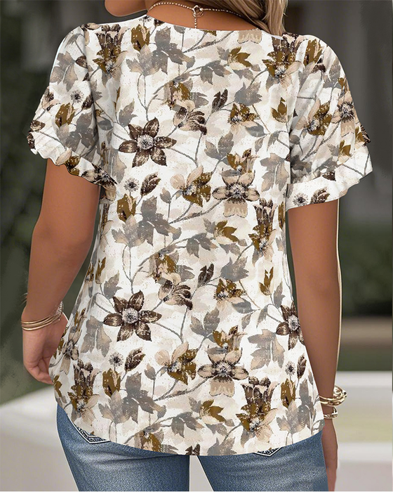 T-Shirt Met Print Ruche Mouwen Makkelijk Te Combineren