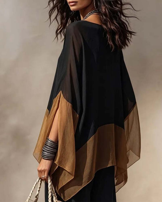 Blouse Contrast Paneel Gedrapeerd V-Hals