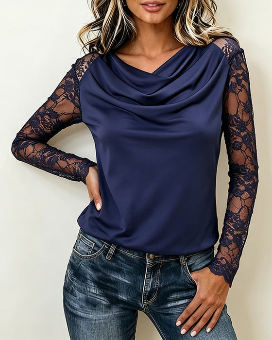 Blouse Cowl Hals Kant Paneel Lange Mouw