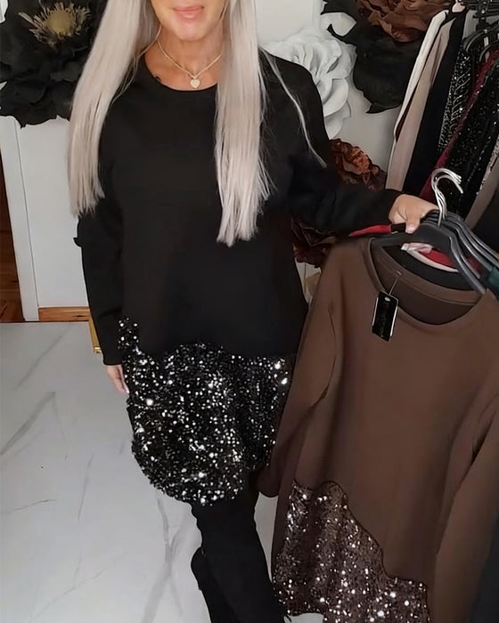 Jurk Ronde Hals Lange Mouwen Met Pailletten Patchwork