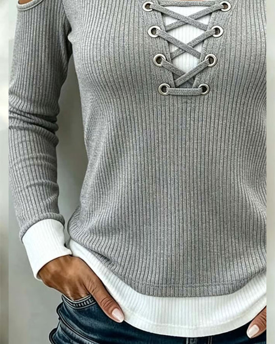 Top Geribbeld Off-Shoulder Strik Nep Tweedelig Langmouw