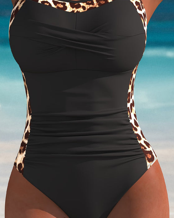 One-Piece Halter Luipaard Afdruk Patchwork
