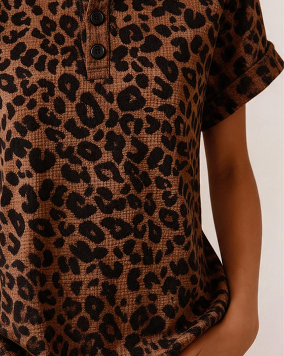 Top Henley Hals Luipaard Bedrukt Wafel