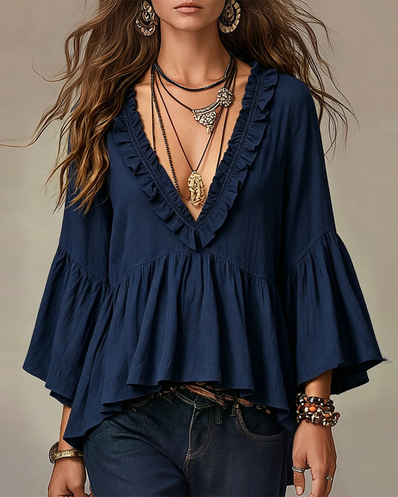Blouse V-Hals Scallop Ruffle Rand