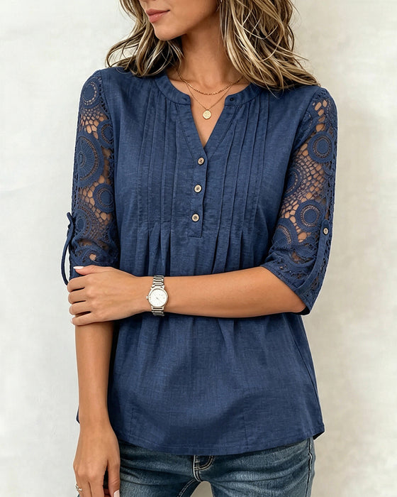 Blouse Kant Patchwork Mouw Gerimpeld