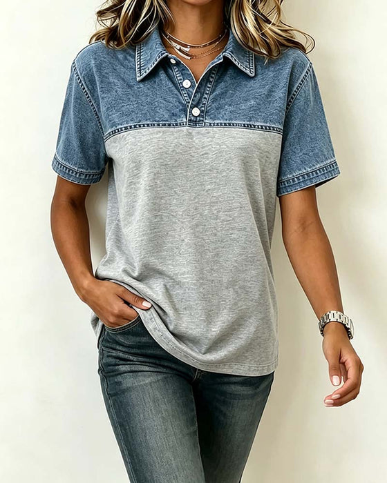Blouse Korte Mouw Shirt Kraag Denim Patchwork
