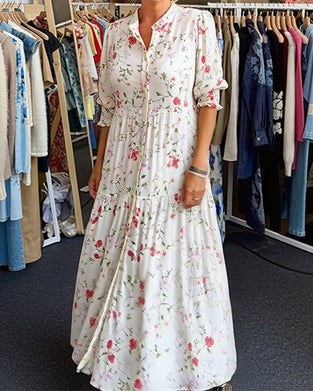 Jurk Stijlvol Bloemen Opstaande Kraag