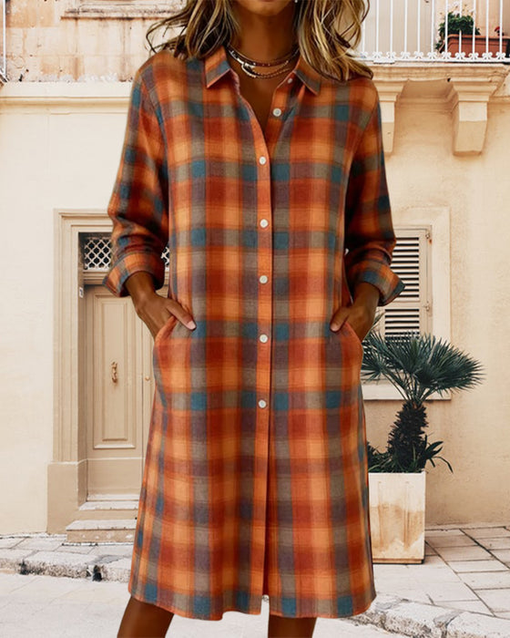 Jurk Overhemd Revers Ruit Knoopsluiting