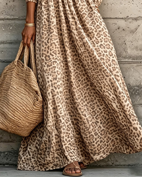Jurk Luipaard Print V-Hals Poef Mouw