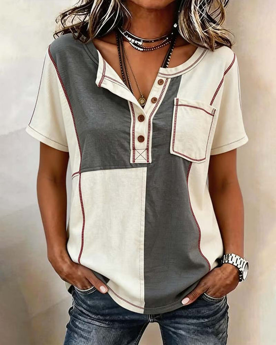 T-Shirt Contrastkleur Rondhals Knoop Patchwork