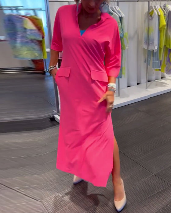 Effen jurk met split en V-hals