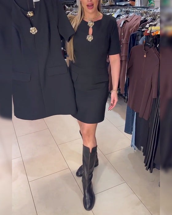 Jurk Metalen Gesp Getailleerd Kortmouwen