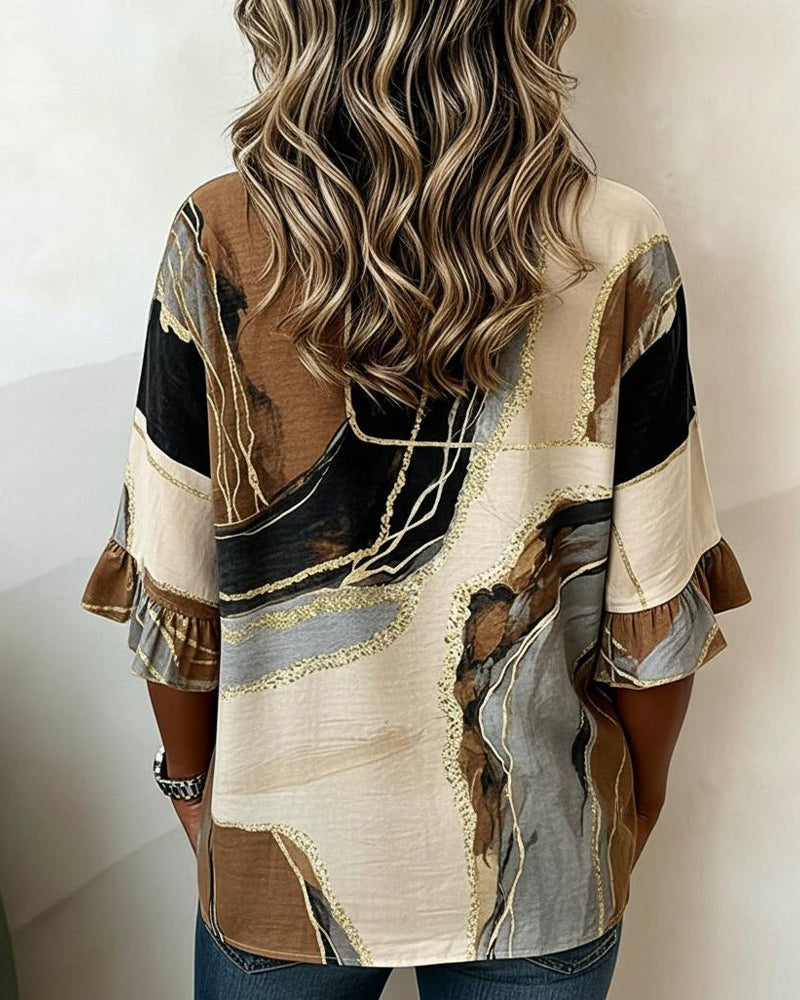Blouse V-Hals Knoop Uitlopende Mouw