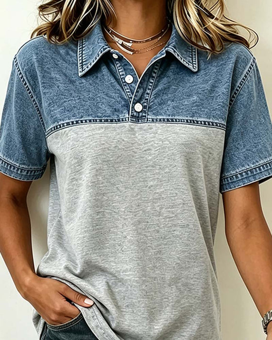 Blouse Korte Mouw Shirt Kraag Denim Patchwork