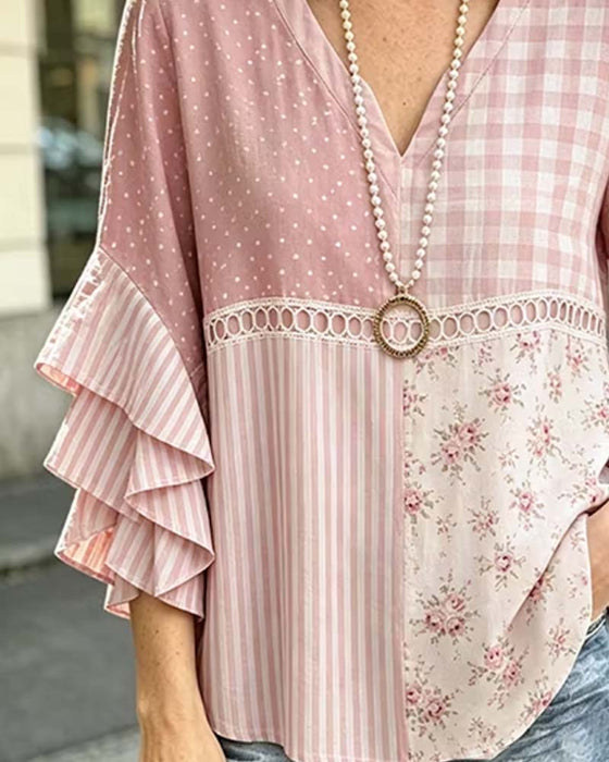 Blouse Dubbele Laag Ruche Mouwen Gestreept Stippenprint