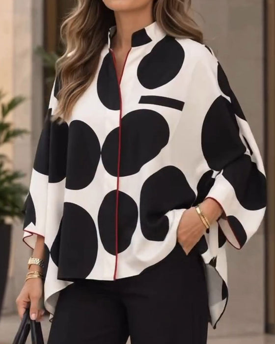 Blouse Staande Kraag Grote Stippen Loose Onregelmatig