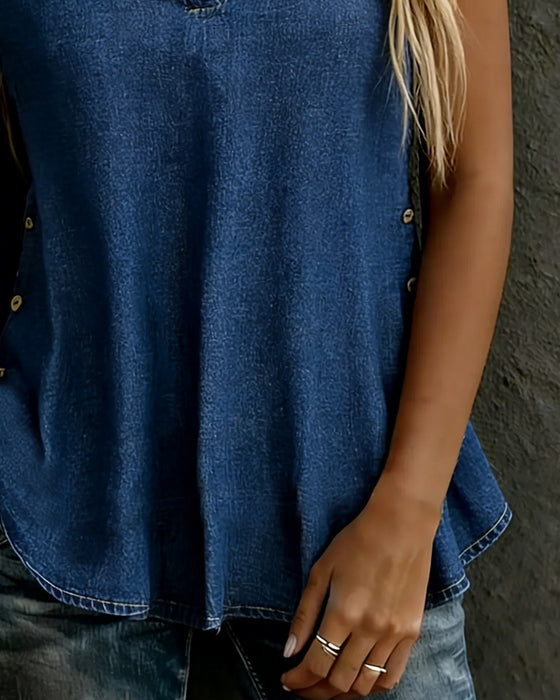 Blouses V-Hals Korte Mouw Denim Knoop