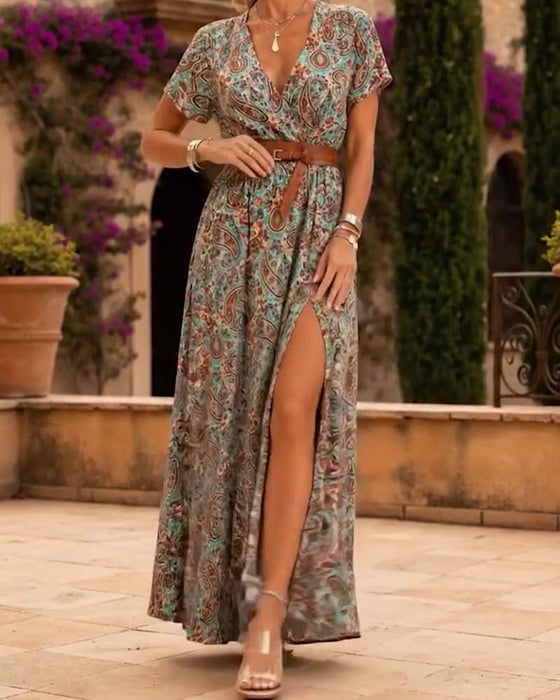 Jurk V-Hals Vintage Paisley Split Lang