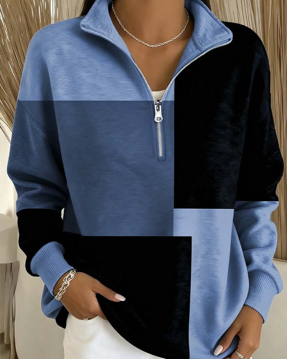 Sweatshirt Geruit Kleurblok Rits Staande-Kraag