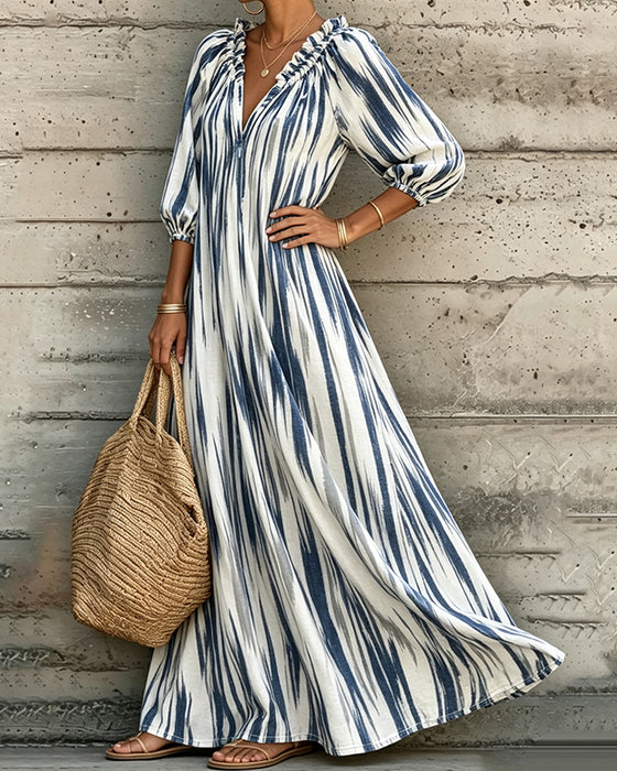 Jurk Tie-Dye V-Hals Pofmouw Lang Resort