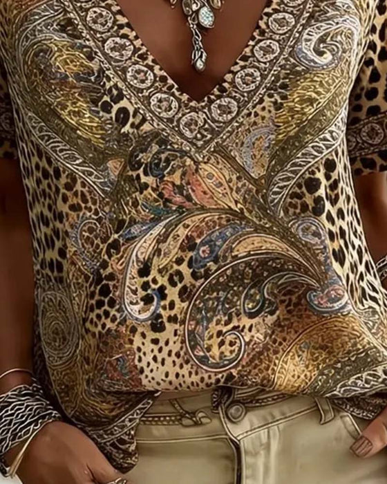 Blouse V-Hals Luipaard Print Korte Mouw Relaxed