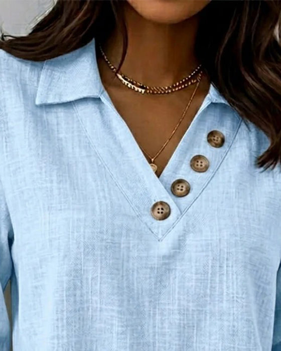 Top Lange Mouw V-Hals Knoop Omlaag