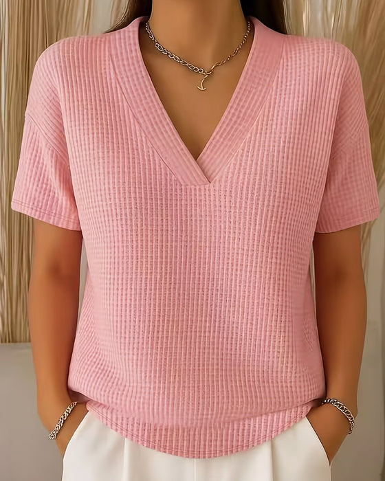 T-Shirt V-Hals Effen Kleur Veelzijdig Korte Mouwen