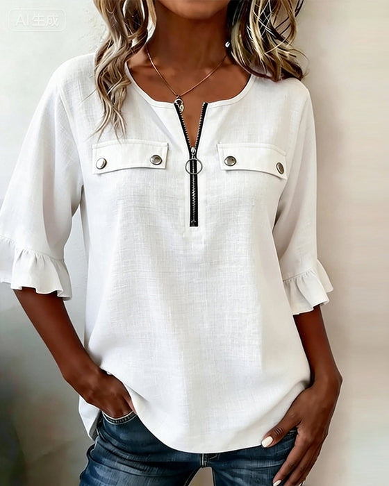 Blouse Met Rits 3/4-Mouw Ruches