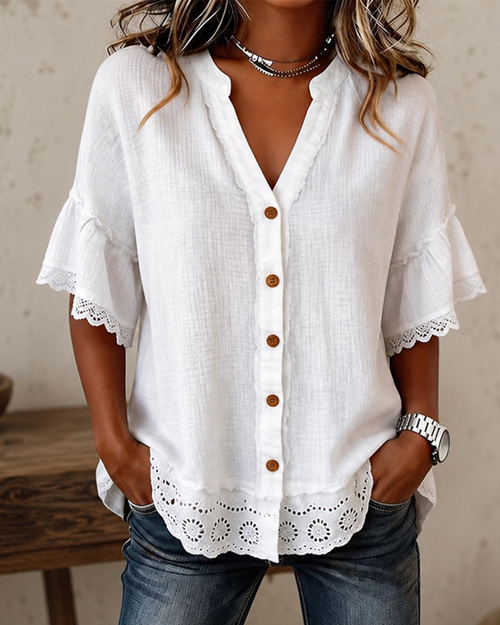 Blouse V-hals Kant Patchwork Knoop