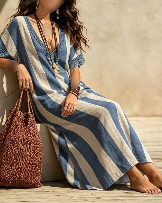 Jurk V-Hals Gestreept Casual
