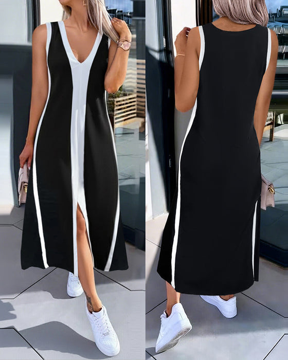 Jurk Color-Block Mouwloos Split Maxi