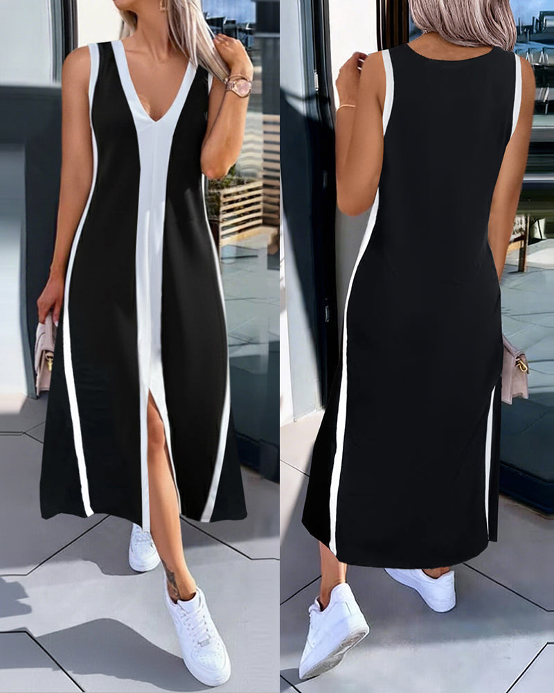 Jurk Color-Block Mouwloos Split Maxi