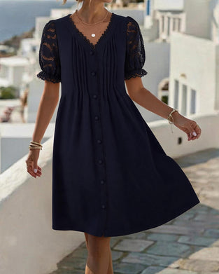 Jurk V-Hals Knoop Gerimpeld Kant Patchwork